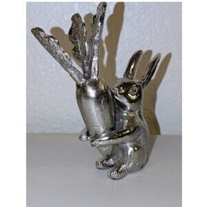 Silver Tone Solid Rabbit Hugging Carrot Figurine 6"
